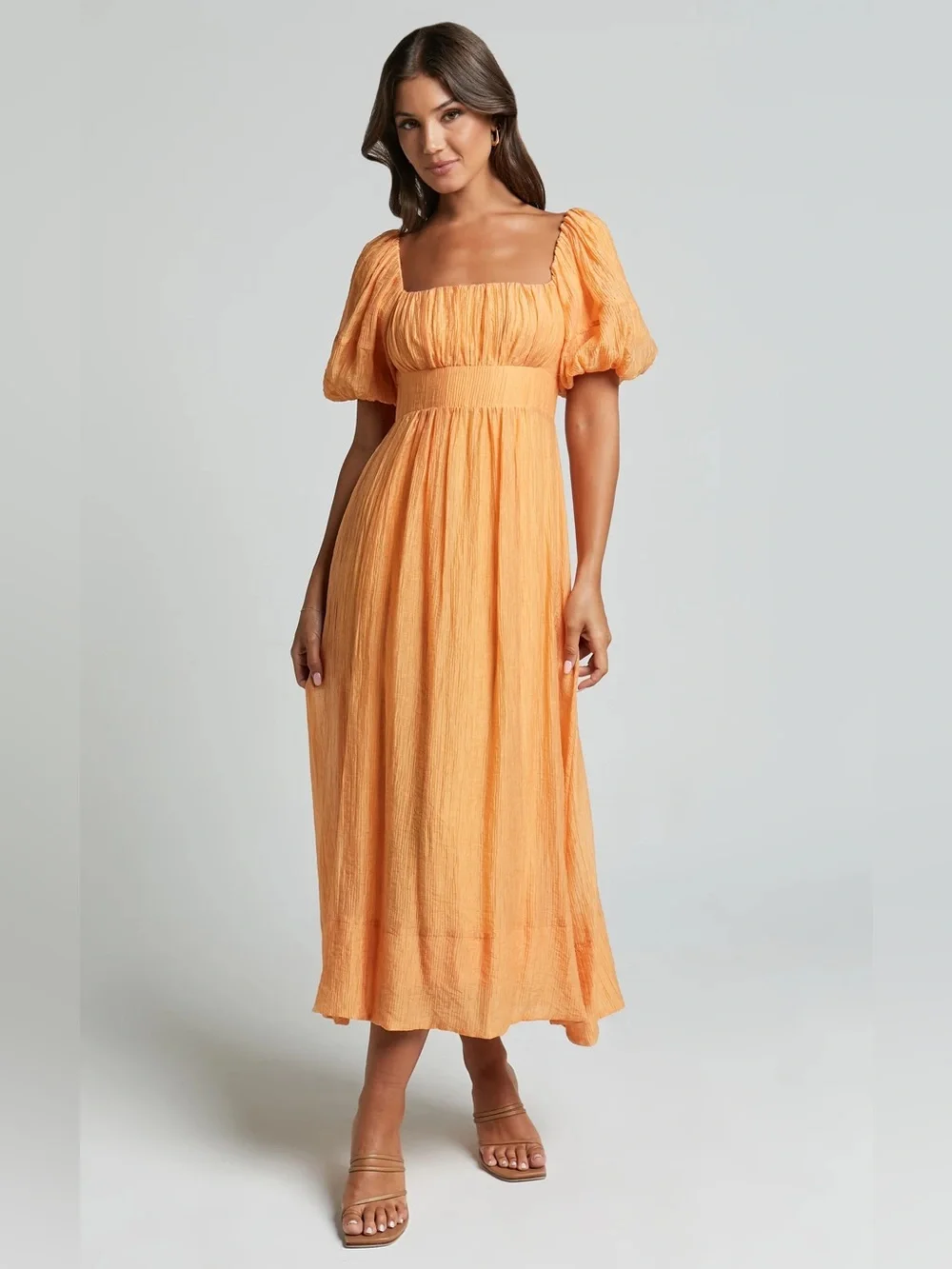 Showpo. | Dresses | Nwt Showpo Roshina Midi Straight Neck Puff Sleeve Dress  In Orange | Poshmark